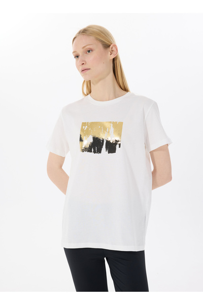 LİMON COMPANY Limon Yuvarlak Yaka Baskılı Ekru Kadın T-Shirt LGSL-TST5820
