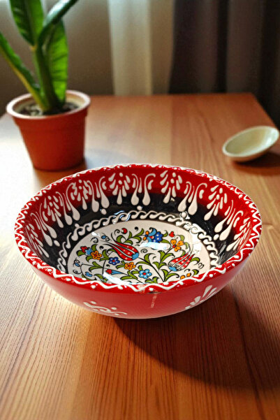 Salizera Handmade Tile Motif Ceramic Bowl-16 cm Diameter, 6.5 cm Height-Ethnic Authentic Tile Patterned