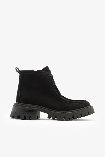 SAYL Lunis Siyah Süet Bağcıklı Kalın Taban Kadın Bot