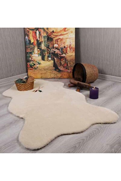 Merinos Peluş Post Halı Dekoratif Post Görünümlü Krem Peluş Halı
