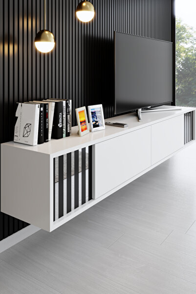 Modatte LİNE DUVAR ÜNİTESİ METAL AYAKLI TV ÜNİTESİ BEYAZ SİYAH