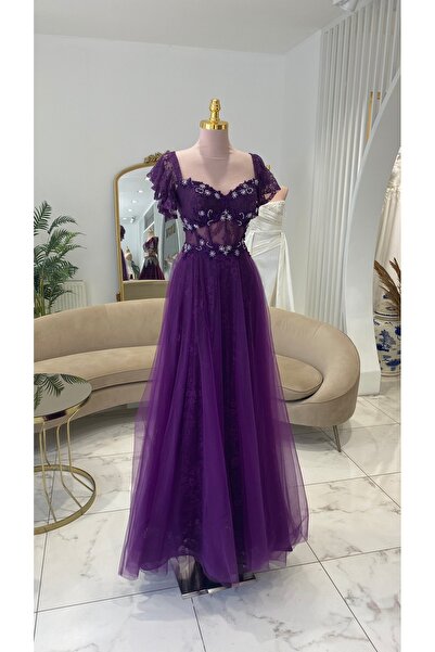 Mergen MOR TAŞ DETAYLI ABİYE ELBİSE