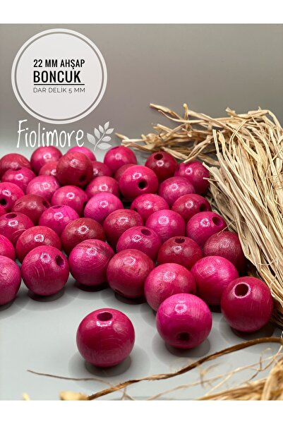 Fiolimore 22 ملم خرز خشبي وردي فوشيا (50 جرام 15 قطعة) قطر الفتحة الضيقة 5 مل...