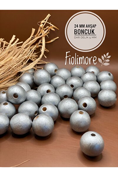 Fiolimore 24 ملم خرز خشبي رمادي فضي (50 جرام 11 قطعة) قطر الفتحة الضيقة 5 ملم...