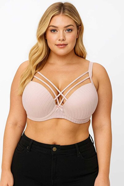 wear treasure C Cup Wired Sponge Hollow Cross Strip Salmon Bra