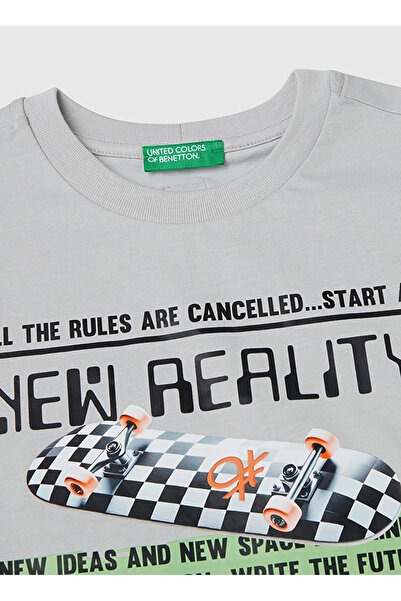 Benetton Baskılı Gri Melanj Erkek Çocuk T-Shirt 35RYC10NC