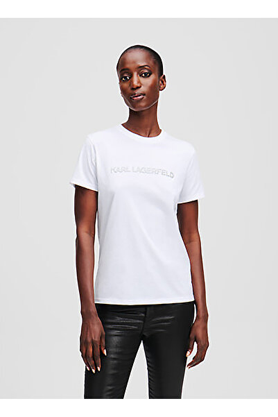 Karl Lagerfeld Bisiklet Yaka Baskılı Beyaz Kadın T-Shirt A1W17076
