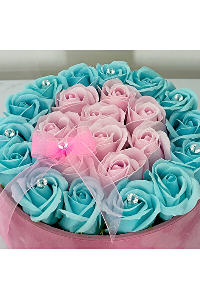 velve Aranjament floral Splendor in doua culori, in cutie de catifea cu trandafiri de sapun, Roz-Turcoaz