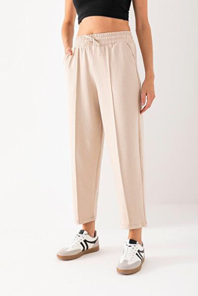 Alos Women's Beige Balloon Pattern Striped High Waist Modal Soft Textured Lycra Trousers with Elastic Waist