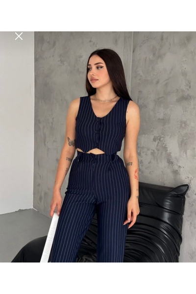 London Set pantaloni vestă cu dungi bleumarin