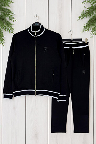 BESSA Black Stand-Up Collar Tracksuit Set 2 Thread Fabric Straight Leg Zipper Pocket Men's