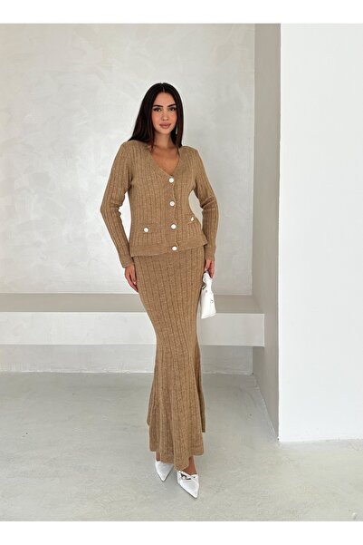 Brantu Long Sleeve Pocketed Button Detailed Women's Beige Knitwear Long Skirt Set