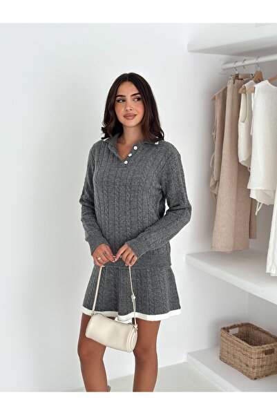 Brantu Long Sleeve Knitted Patterned Polo Neck Women's Knitwear Skirt Set