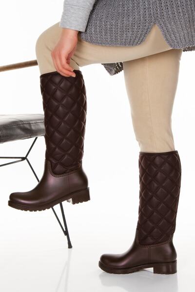 Sea&Blue Brown Diamond Patterned Flexible Calf Selected Waterproof Comfortable Wearing Rain Boots
