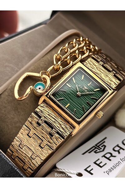 FERRO Straw Cord Gold Yellow Color Waterproof Women's Wristwatch + Bracelet