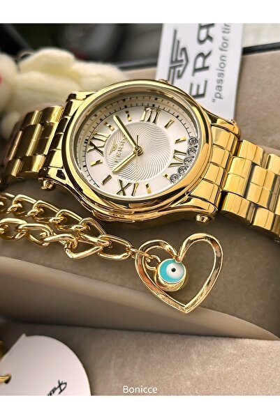 FERRO Marka Sarı Renk Çelik Kordon, BEYAZ Kadran Mini Kasa Kadın Kol Saati + ...