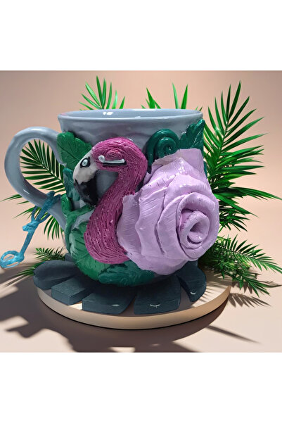 MAKARON SANAT BİG BOY FLAMİNGO VE GÜL DETAYLI ÖZEL TASARIM POLİMER KİL KUPA BARDAK