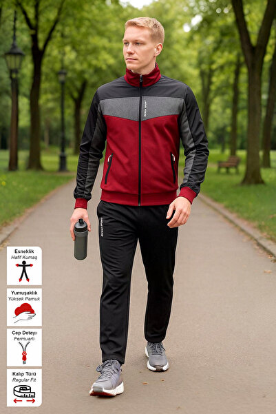 BESSA Σετ ανδρική φόρμα μπορντό - μαύρο γιακά από βαμβακερό ύφασμα με φερμουάρ και ίσιο πόδι