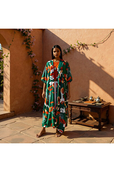 maia Green Patterned Long Lightweight Kimono – Suitable for Beach & Everyday Use