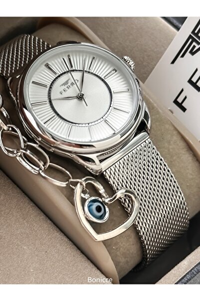 FERRO Marka Gümüş Renk Çelik Kordon, Sade Kasa Kadın Kol Saati Kalpli Bileklik