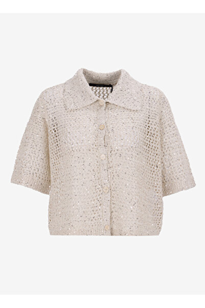 Vero Moda Gömlek Yaka Normal Krem Kazak Kadın VMLEILANI GLITTER 2/4 POLONECK CARD