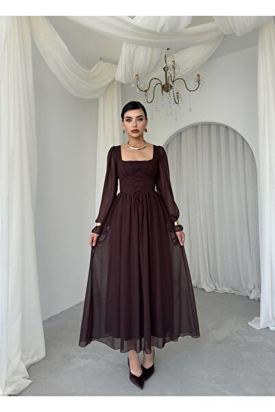 Julidress Kahve Korse Bağlama Detaylı Büzgülü Astarlı Premium Şifon Elbise