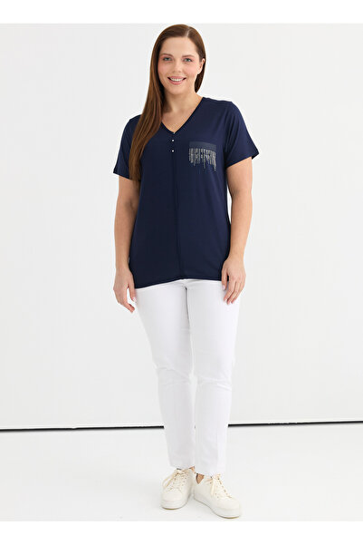 Selen V Yaka Taşlı Lacivert Kadın Bluz 25YSL8092