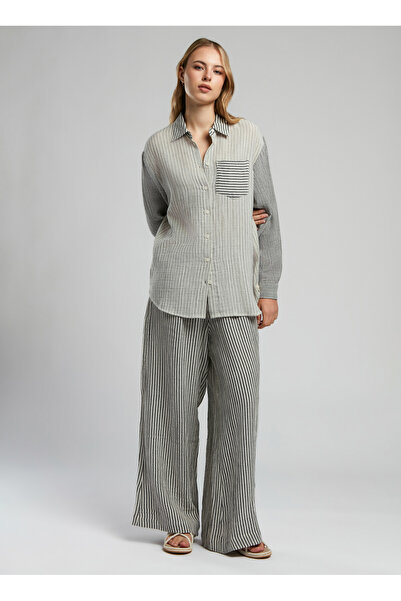 Lee Cooper Comfortable Classic Collar Striped Black - Ecru Women's Shirt 252 ...