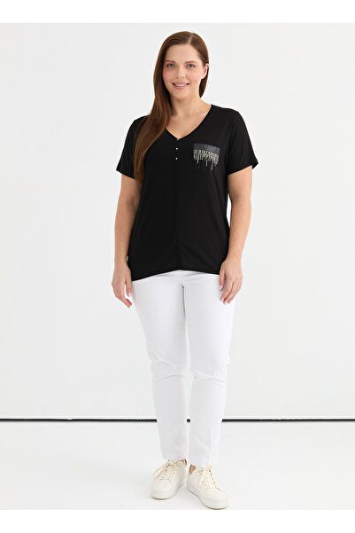 Selen V Yaka Taşlı Siyah Kadın Bluz 25YSL8092