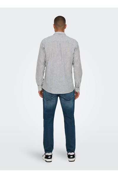 Only & Sons Μπλε Navy Onscaiden LS Stripe Linen πουκάμισο