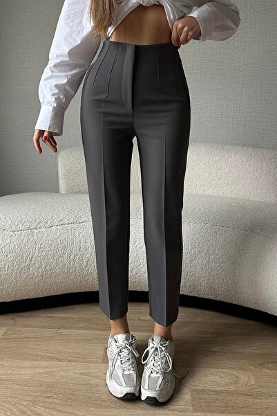 A&O Style Women's Gray High Waist Carrot Model Fabric Trousers with Pockets on the Front