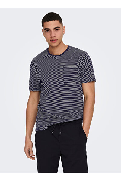 Only & Sons Ανδρικό μπλουζάκι με ριγέ λαιμόκοψη σε σκούρο μπλε ναυτικό ONSBALE REG SS TEE