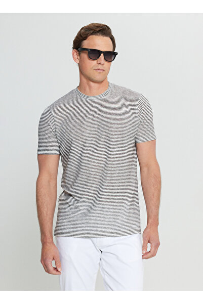 ALTINYILDIZ CLASSICS Ανδρικό μπλουζάκι με ριγέ λαιμόκοψη λευκό - γκρι ACE091252395_BGR