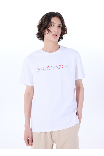 Mustang Bisiklet Yaka Baskılı Beyaz Erkek T-Shirt M5SM-TST1278
