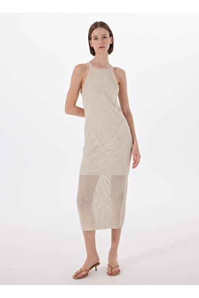 Fabrika Açık Bej Dar Kalıp Ajurlu Diz Altı Kadın Elbise F5SL-ELB0237