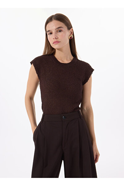Fabrika Bisiklet Yaka Düz Örgü Desenli Kahve Kadın Bluz F5SL-BLZ0104