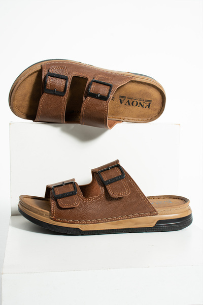 Enova Birrbazaar Men's Leather (Artificial) Orthopedic Double Monta Sole Adjustable Buckle Stitched Stylish Home and Outdoor Slippers