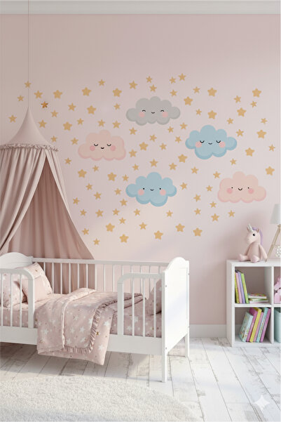 KT Decor Gülümseyen Soft Renk Bulutlar Ve Yıldızlar Çocuk Odası Duvar Sticker...