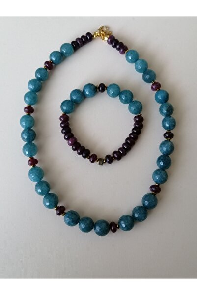 LemaStone Doğal taş kolye,bileklik seti (Mavi ceyt kuvars ve lal garnet taşı)