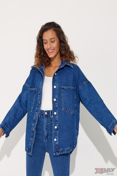 XRAY JEANS Women's Jeans Long Buttoned Hijab Blue Jeans Jacket with Chest Poc...