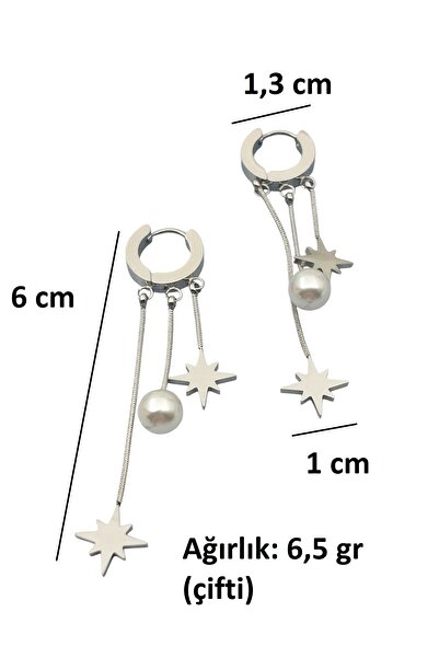 Siya Silver Uzun Püsküllü Kararmaz Çelik Yıldızlı İncili Çelik Küpe