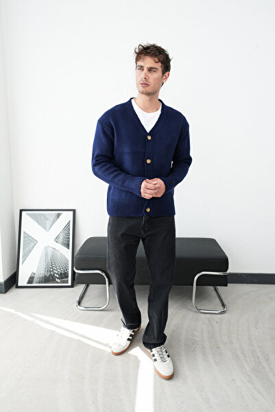 İLKCET MODA Чоловічий синій оверсайз преміум трикотажний кардиган