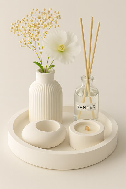 VANTES Beyaz Renk Özel Tasarım Mumluk Ve Vazo Aksesuar Seti Dekoratif Ürün (Çiçek Dahil Değildir)