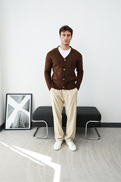 İLKCET MODA Men's Brown Oversize Premium Knit Cardigan