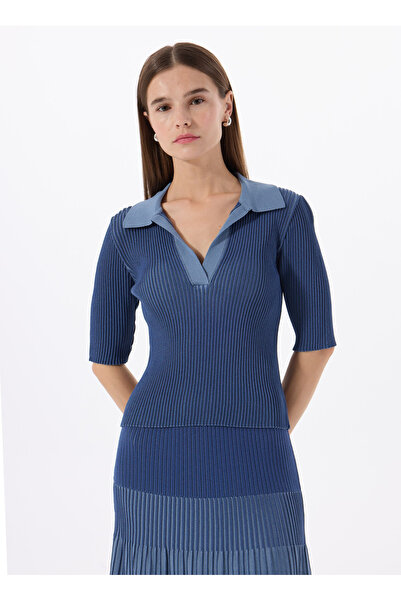 Fabrika Polo Yaka Dar Piliseli Mavi Kazak Kadın F5SL-KZK0248-K