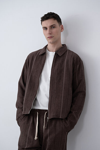 İLKCET MODA Men's Brown Ethnic Patterned Oversize Short Jacket