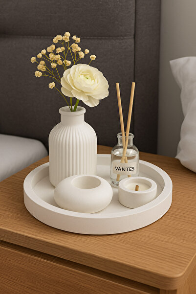 VANTES Beyaz Renk Özel Tasarım Mumluk Ve Vazo Aksesuar Seti Dekoratif Ürün (Çiçek Dahil Değildir)
