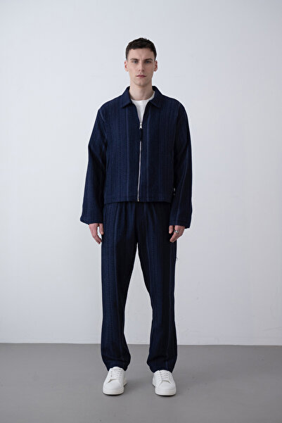 İLKCET MODA Чоловічий синій оверсайз-жакет з етнічним візерунком