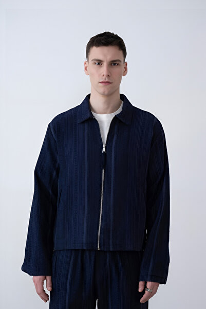 İLKCET MODA Men's Navy Blue Ethnic Patterned Oversize Short Jacket