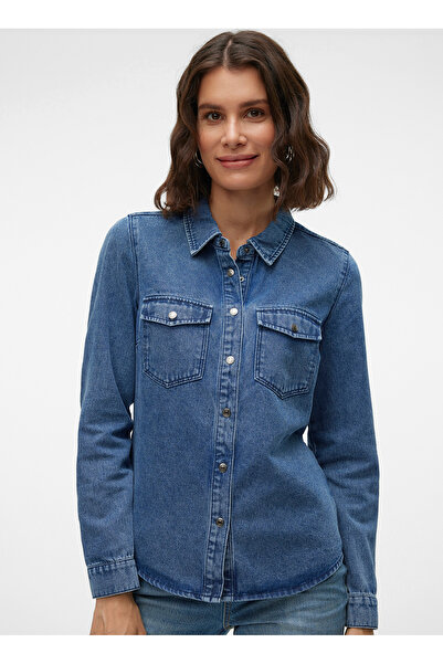 Vero Moda Normal Gömlek Yaka İndigo Kadın Gömlek VMJENNIE LS DENIM SHIRT MIX GA NOOS